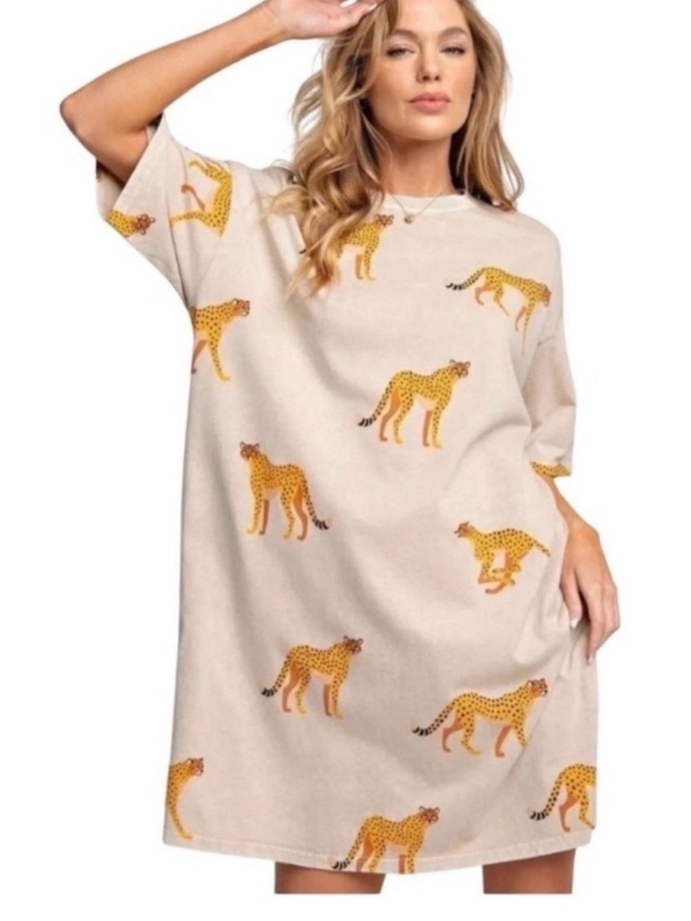 easel Beige Tunic Dress with Yellow Cheetah Print